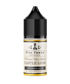 CASTLE LONG SALT FIVE PAWNS ELIQUID bottle displaying toasted coconut and vanilla artwork.