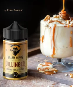 DILLINGER SALT LEGACY VILLAIN VAPORS FIVE PAWNS bottle displaying caramel vanilla custard design.