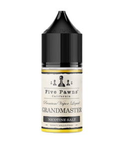 GRANDMASTER SALT FIVE PAWNS ELIQUID bottle displaying peanut butter and banana cream graphics.