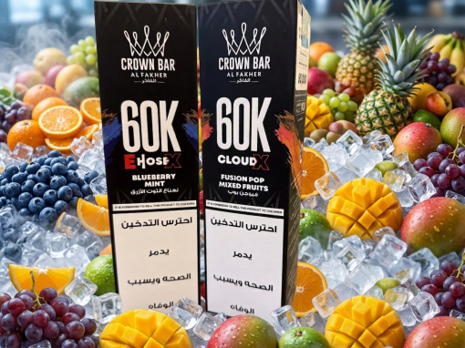 Al Fakher Crown Bar 60K Puffs Disposable Vape device standing next to its official retail packaging box display.