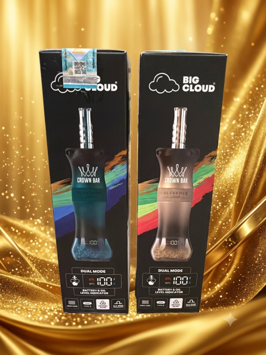 Close-up view of the smart digital LED display monitoring e-liquid levels and battery status on the Al Fakher Crown Bar 60K Pod Vapes Egypt device.