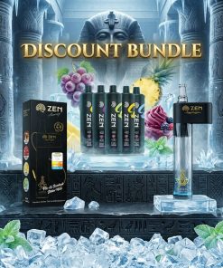 DISCOUNT BUNDLE ZEN HOOKAH + ZEN DISPOSABLE VAPE SHISHA combined together showcasing the elegant crystal glass extension resting on the black and gold device body.