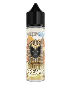 Roasted hazelnuts, cracked walnuts, and rich vanilla cream swirls surrounding the DR VAPES VAPE STATION TOBACCO NUTTY CREAMY MTL ELIQUID bottle.
