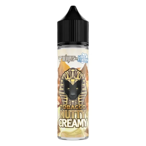 Roasted hazelnuts, cracked walnuts, and rich vanilla cream swirls surrounding the DR VAPES VAPE STATION TOBACCO NUTTY CREAMY MTL ELIQUID bottle.