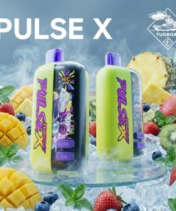 TUGBOAT PULSE X 50K PUFF 20MG DISPOSABLE VAPE POD standing vertically showing its sleek futuristic body shell design and smooth mouthpiece.