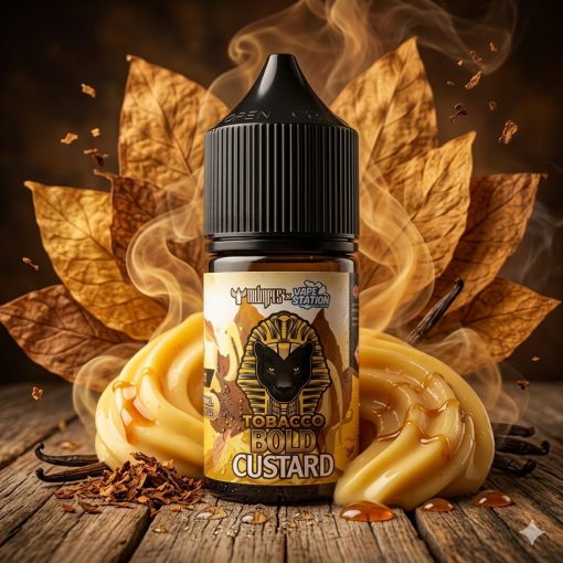 DR VAPES VAPE STATION TOBACCO BOLD CUSTARD MTL ELIQUID 30ml bottle showing its premium gold label design against a white backdrop.