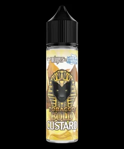 Thick vanilla custard cream swirls and robust dark tobacco leaves surrounding the DR VAPES VAPE STATION TOBACCO BOLD CUSTARD MTL ELIQUID bottle.