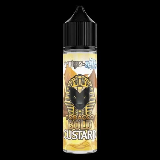 Thick vanilla custard cream swirls and robust dark tobacco leaves surrounding the DR VAPES VAPE STATION TOBACCO BOLD CUSTARD MTL ELIQUID bottle.
