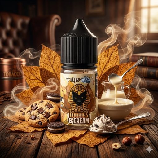 DR VAPES VAPE STATION TOBACCO COOKIES N CREAM MTL ELIQUID 30ml bottle featuring a black dropper cap and a golden pharaoh emblem.