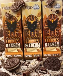 Crushed chocolate sandwich cookies and thick splashes of sweet milk cream surrounding the DR VAPES VAPE STATION TOBACCO COOKIES N CREAM MTL ELIQUID bottle.