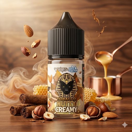 DR VAPES VAPE STATION TOBACCO NUTTY CREAMY MTL ELIQUID 30ml bottle featuring a black cap and premium golden label design.