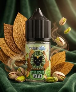 DR VAPES VAPE STATION TOBACCO PISTACHIO VELVET MTL ELIQUID 30ml bottle with a black cap and golden pharaoh design on a clean, solid background.
