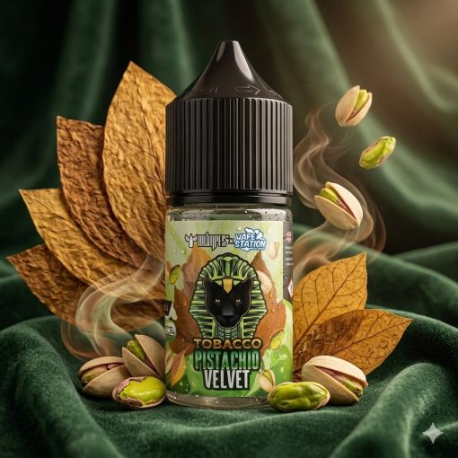 DR VAPES VAPE STATION TOBACCO PISTACHIO VELVET MTL ELIQUID 30ml bottle with a black cap and golden pharaoh design on a clean, solid background.