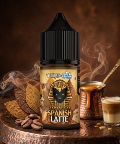 DR VAPES VAPE STATION TOBACCO SPANISH LATTE MTL ELIQUID 30ml bottle resting on a clean white surface with premium golden text.