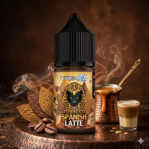 DR VAPES VAPE STATION TOBACCO SPANISH LATTE MTL ELIQUID 30ml bottle resting on a clean white surface with premium golden text.