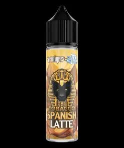 Dark roasted coffee beans and swirls of sweet condensed milk surrounding the DR VAPES VAPE STATION TOBACCO SPANISH LATTE MTL ELIQUID bottle.