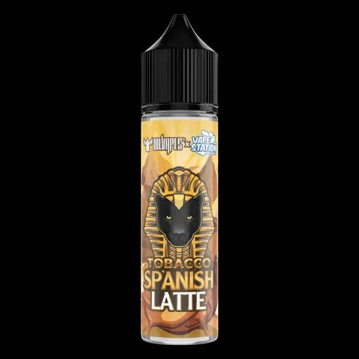 Dark roasted coffee beans and swirls of sweet condensed milk surrounding the DR VAPES VAPE STATION TOBACCO SPANISH LATTE MTL ELIQUID bottle.