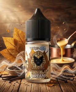 DR VAPES VAPE STATION TOBACCO VANILLA CREAM MTL ELIQUID 30ml bottle showing its premium gold label design against a white backdrop.