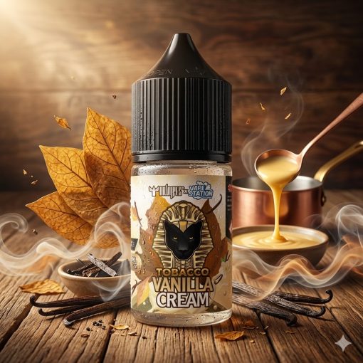 DR VAPES VAPE STATION TOBACCO VANILLA CREAM MTL ELIQUID 30ml bottle showing its premium gold label design against a white backdrop.
