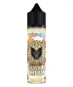 Elegant black vanilla pods and a bowl of fresh yellow custard cream surrounding the DR VAPES VAPE STATION TOBACCO VANILLA CREAM MTL ELIQUID bottle.
