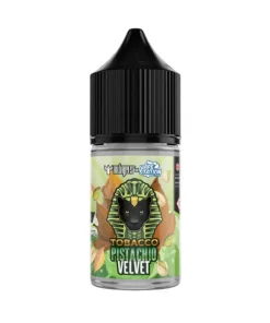 TOBACCO PISTACHIO VELVET DR VAPES VAPE STATION SALT ELIQUID 30ml bottle featuring a black dropper cap and a golden pharaoh emblem.