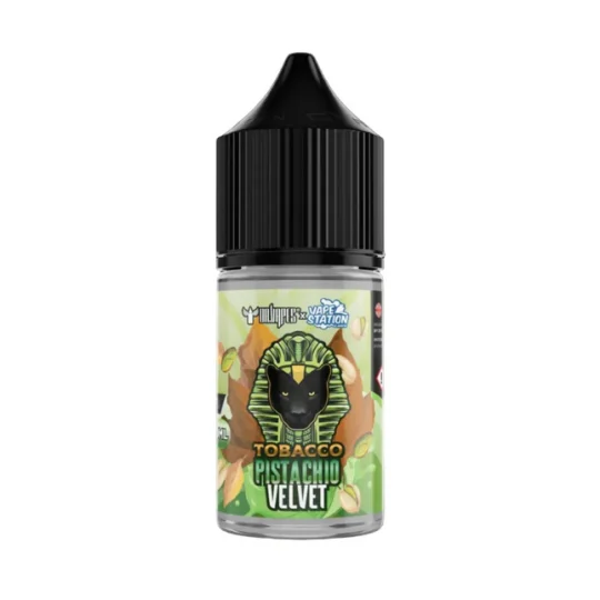 TOBACCO PISTACHIO VELVET DR VAPES VAPE STATION SALT ELIQUID 30ml bottle featuring a black dropper cap and a golden pharaoh emblem.