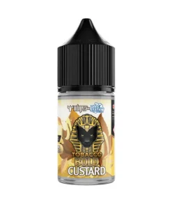 TOBACCO BOLD CUSTARD DR VAPES VAPE STATION SALT ELIQUID 30ml bottle featuring a black dropper cap and a golden pharaoh emblem.