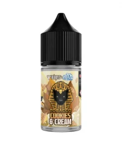 TOBACCO COOKIES N CREAM DR VAPES VAPE STATION SALT ELIQUID 30ml bottle featuring a black dropper cap and a golden pharaoh emblem.