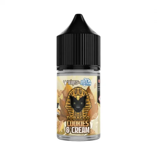 TOBACCO COOKIES N CREAM DR VAPES VAPE STATION SALT ELIQUID 30ml bottle featuring a black dropper cap and a golden pharaoh emblem.
