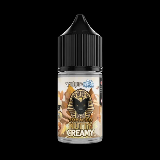 TOBACCO NUTTY CREAMY DR VAPES VAPE STATION SALT ELIQUID 30ml bottle featuring a black dropper cap and a golden pharaoh emblem.