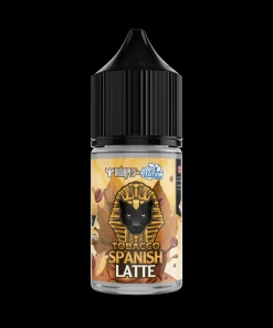TOBACCO SPANISH LATTE DR VAPES VAPE STATION SALT ELIQUID 30ml bottle featuring a black dropper cap and a golden pharaoh emblem.
