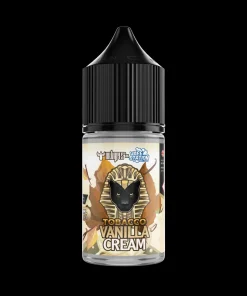 TOBACCO VANILLA CREAM DR VAPES VAPE STATION SALT ELIQUID 30ml bottle featuring a black dropper cap and a golden pharaoh emblem.