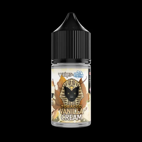 TOBACCO VANILLA CREAM DR VAPES VAPE STATION SALT ELIQUID 30ml bottle featuring a black dropper cap and a golden pharaoh emblem.