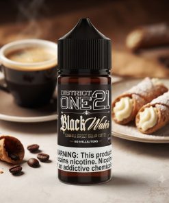 DISTRICT ONE21 BLACK WATER FIVE PAWNS MTL ELIQUID bottle displaying cannoli and black coffee graphics.