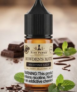 BOWDEN'S MATE SALT FIVE PAWNS ELIQUID bottle displaying chocolate mint design.