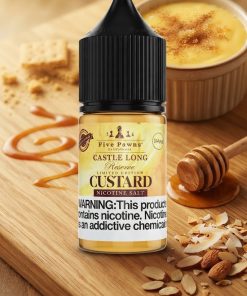 CUSTARD CASTLE LONG SALT RESERVE FIVE PAWNS ELIQUID bottle displaying custard bourbon artwork.