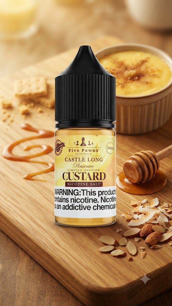 CUSTARD CASTLE LONG SALT RESERVE FIVE PAWNS ELIQUID bottle displaying custard bourbon artwork.