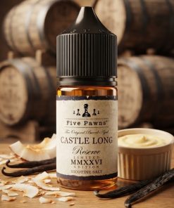 CASTLE LONG MMXXVI SALT RESERVE FIVE PAWNS ELIQUID bottle displaying barrel-aged coconut bourbon artwork.