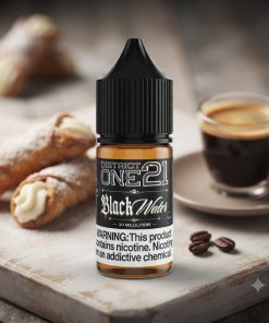 BLACK WATER SALT FIVE PAWNS DISTRICT ONE21 ELIQUID bottle displaying cannoli and black coffee graphics.
