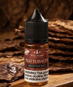 ELO TOBACCO SALT FIVE PAWNS ELIQUID bottle displaying Brazilian tobacco leaf design.