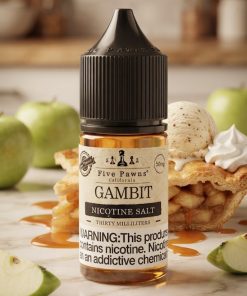 GAMBIT SALT FIVE PAWNS ELIQUID bottle displaying apple pie and vanilla ice cream artwork.