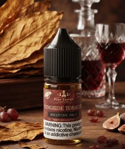 KINGSIDE TOBACCO SALT FIVE PAWNS ELIQUID bottle displaying Burley tobacco leaf design.