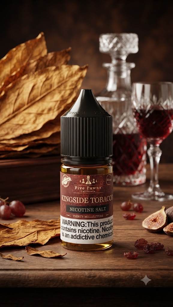 KINGSIDE TOBACCO SALT FIVE PAWNS ELIQUID bottle displaying Burley tobacco leaf design.