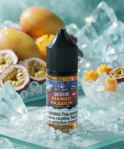 MANGO PASSIONFRUIT ICE SALT FIVE PAWNS ORCHARD ELIQUID bottle displaying tropical mango passionfruit graphics.