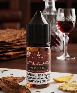 ROYAL TOBACCO SALT FIVE PAWNS ELIQUID bottle displaying Habano leaf tobacco design.