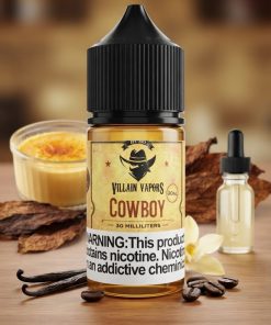 COWBOY SALT FIVE PAWNS VILLAIN VAPORS ELIQUID bottle displaying sweet tobacco custard graphics.