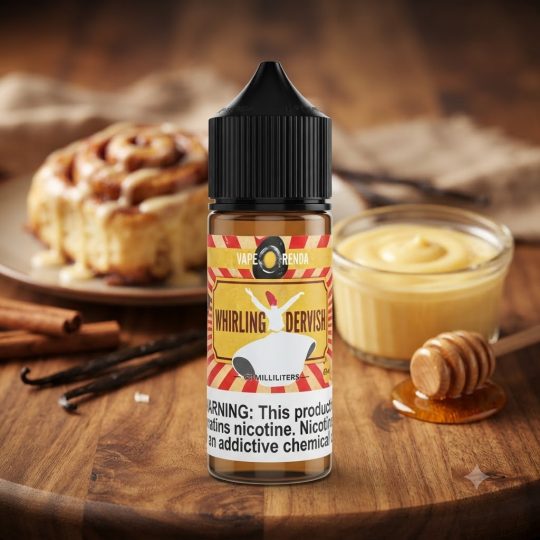 WHIRLING DERVISH VAPE ORENDA FIVE PAWNS MTL ELIQUID bottle displaying artisan cinnamon roll graphics.