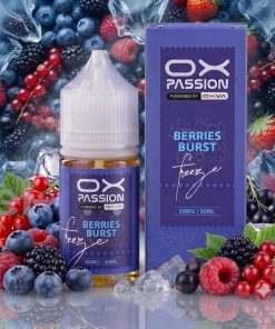 OX PASSION BERRIES BURST FREEZE SALT ELIQUID 30ml bottle displaying its rich purple and red forest berry label graphics.