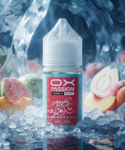 OX PASSION GUAVA PEACH FREEZE SALT ELIQUID 30ml bottle displaying its vibrant pink guava and soft peach label graphics.