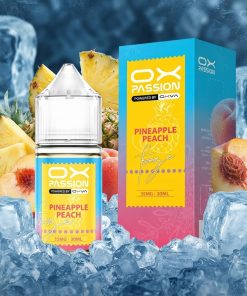 OX PASSION PINEAPPLE PEACH FREEZE SALT ELIQUID 30ml dropper bottle featuring a highly detailed tropical fruit and ice label design.